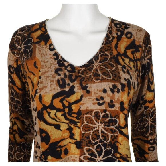 Joseph A Top Womens Large Sweater Silk Blend Brown Multi Colored V Neck Stretch - Picture 3 of 11